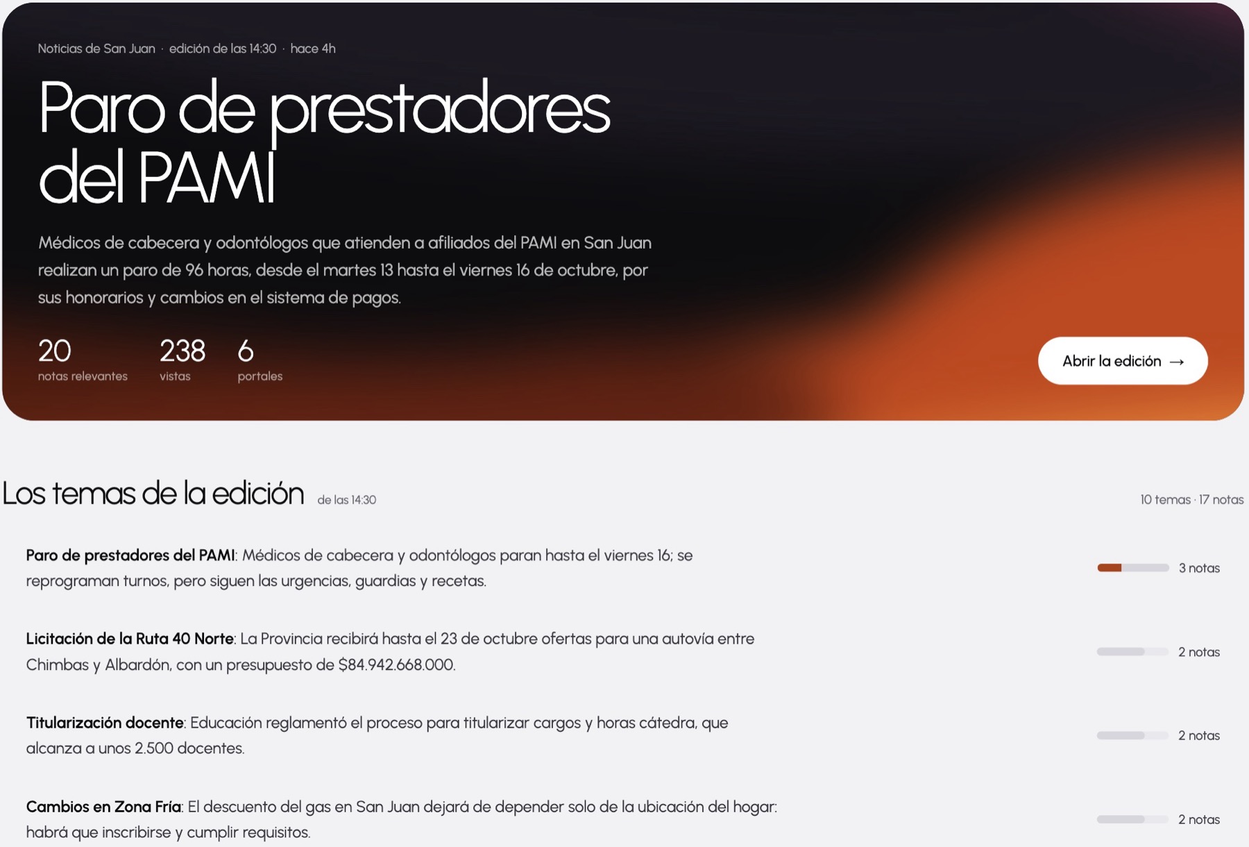 Edición de un clipping de Portales sobre medios de San Juan: el tema principal del día con su resumen, las notas relevantes, los portales leídos y la lista de temas de la edición.